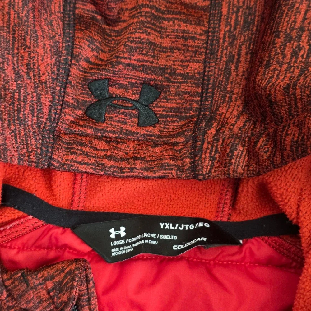 Under Armour Kids Puffer Hooded Jacket Red Black Full Zip‎ ColdGear Size YXL